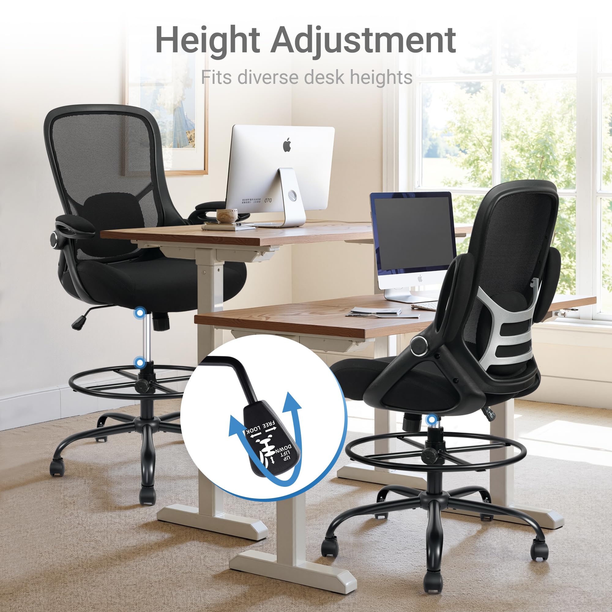 Hylone 400lbs Big and Tall Heavy Duty Drafting Chair 5" Thickened Seat Tall Office Chair Flip-up Armrests Ergonomic Chair with Lumbar Support