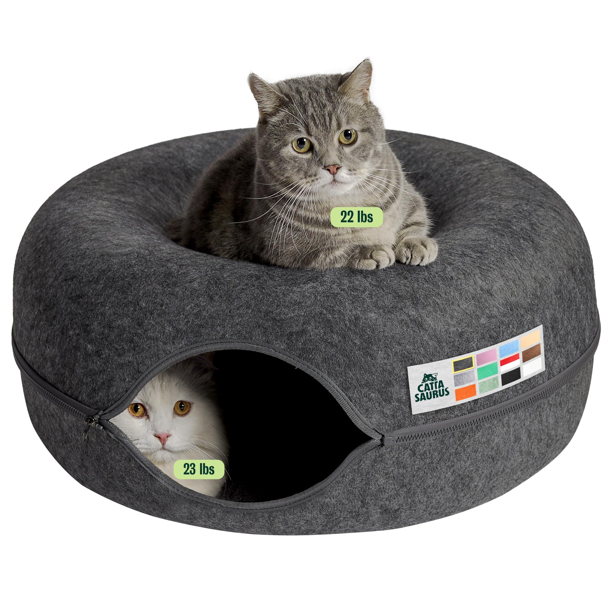 Cattasaurus Peekaboo Cat Cave for Multiple & Large Cats Up to 30-45 Lbs, Scratch Detachable & Washable Tunnel Bed, Comfy Donut Cat Cave (Dark Gray, Large)