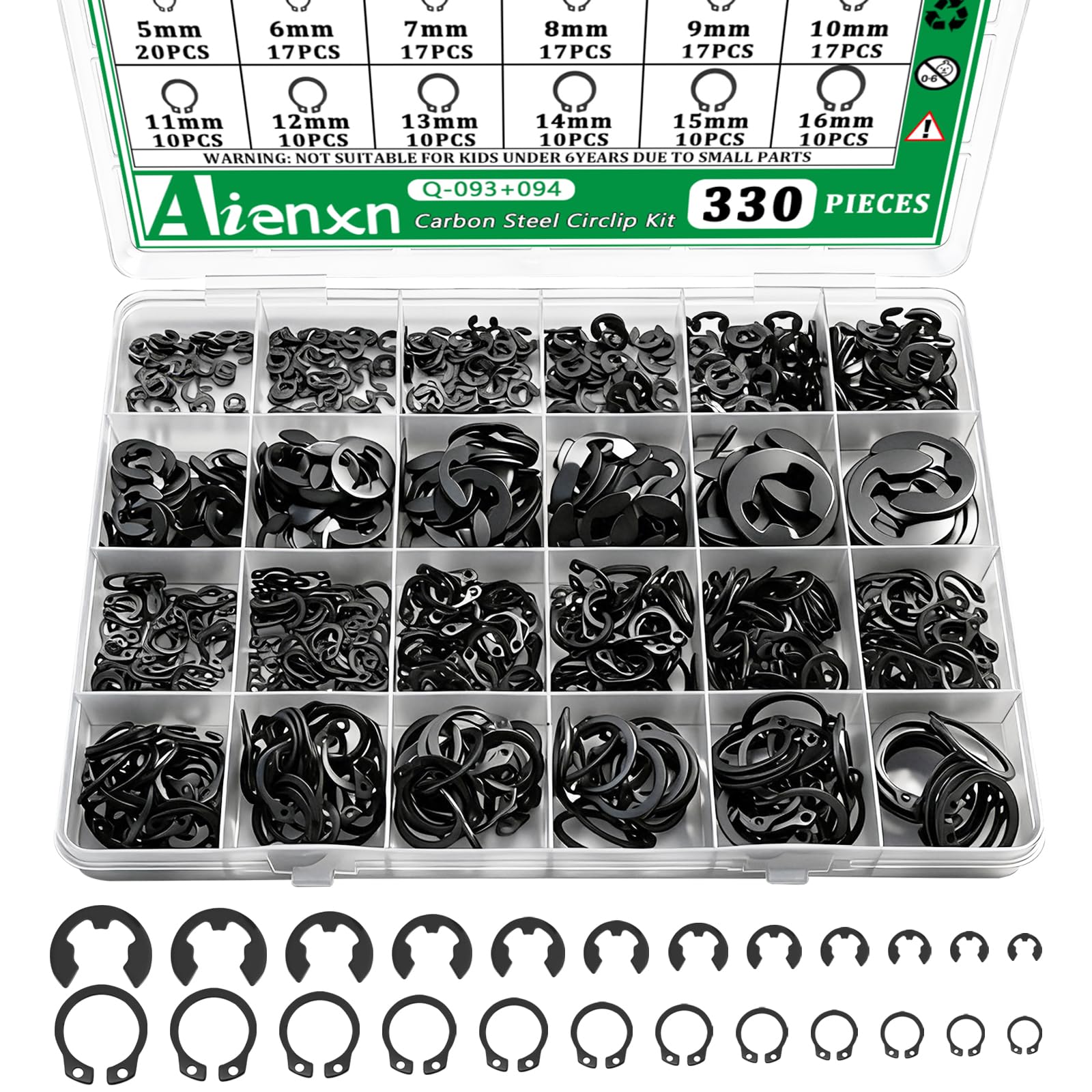 330PCS Snap Rings Assortment Kit, E Clips Assortment Kit (2MM-12MM) and C Clips Assortment Kit (5MM-16MM), 24 Sizes External Retaining Rings Carbon Steel Circlip Snap Ring Kit