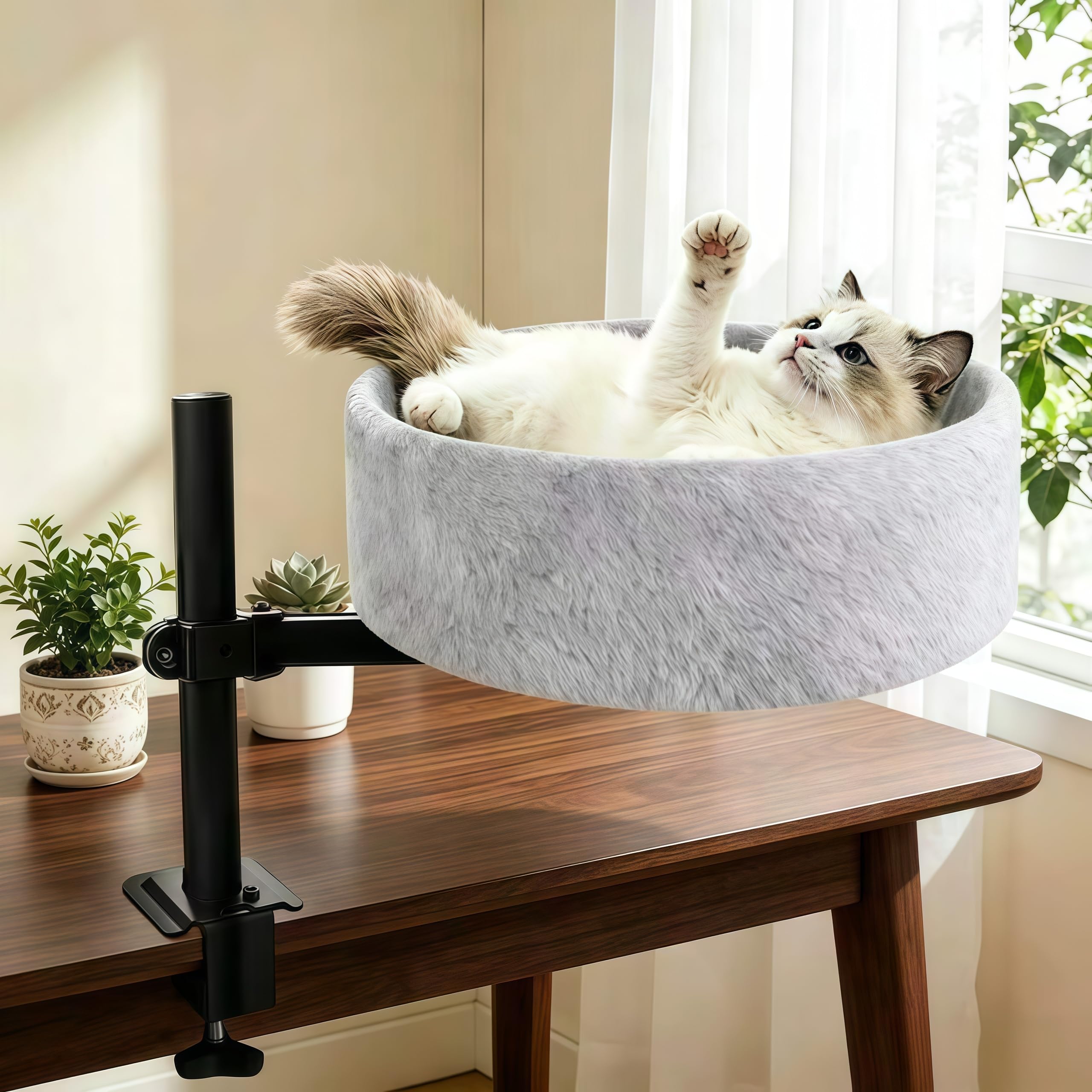 Cat Desk Bed,360° Rotating & Height Adjustable Desk Cat Bed,Space Saving Modern Indoor Cats Nest Furniture Cozy Faux Fur Pet Nest Perch Hammock for Various Desktops,15.7" L*15.7" W*16.9" H,Grey