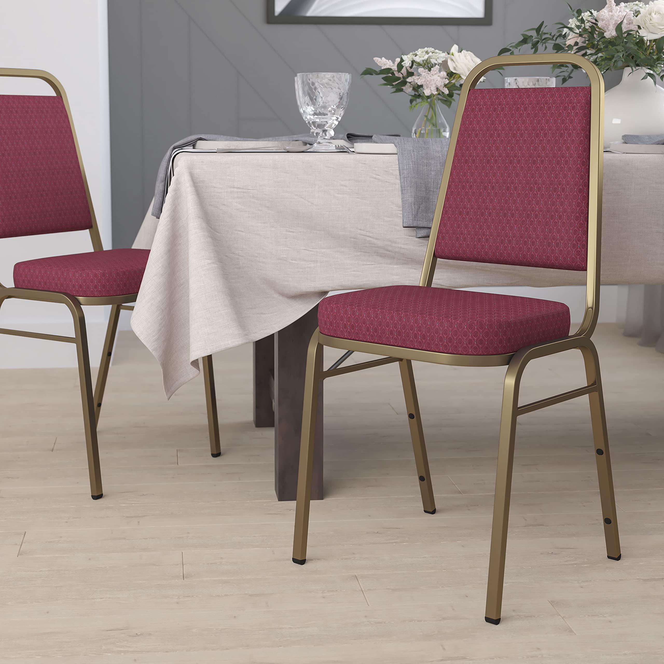 Emma + Oliver Burgundy Patterned Trapezoidal Back Stacking Banquet Chair, 17.5"W x 20.25"D x 36"H, Burgundy Patterned Fabric/gold Frame