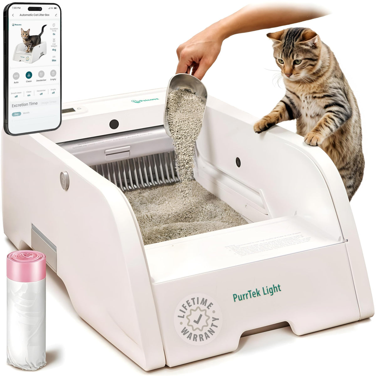 Petcove Self Cleaning Automatic Litter Box for Multi Cat Open Top/Quiet Operation ?45 dB/Odor Control/Dual Anti-Pinch Safety/Easy App Control with Ultra Fast 5 GHz Wi-Fi - 20 Count Litter Bags