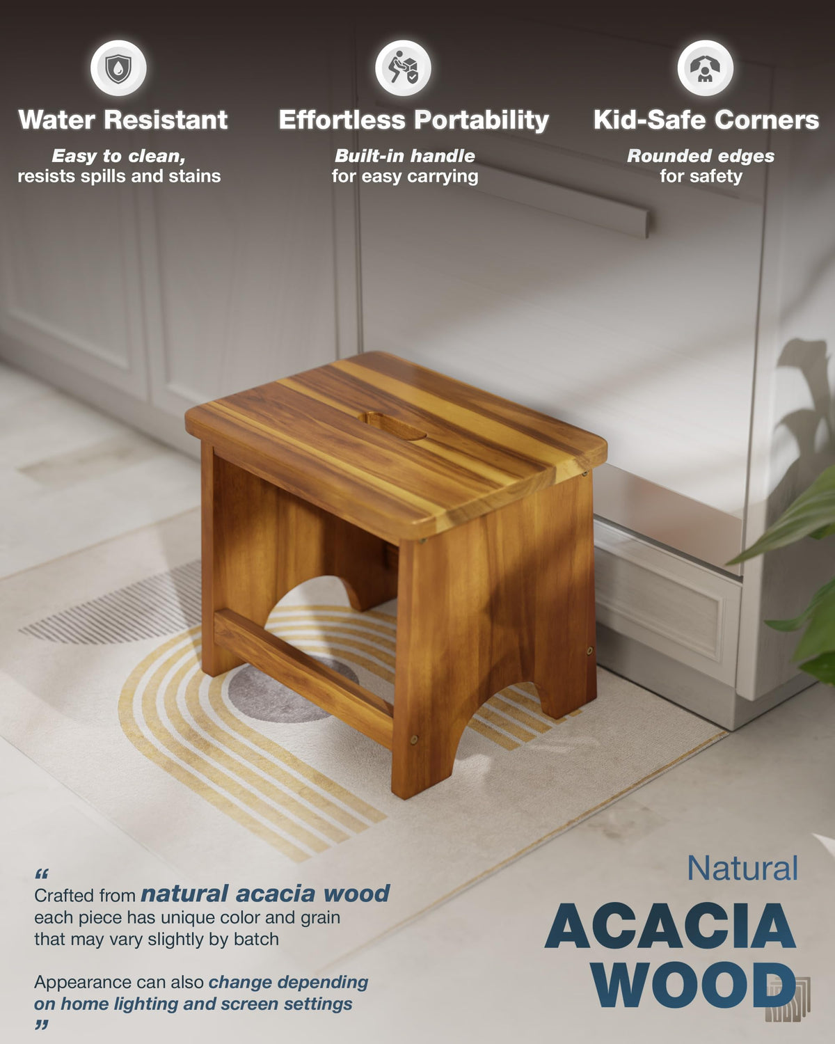 Fanatu Wooden Step Stool, 13'' Non-slip Heavy Duty Stepping Stool for Adults with Handle, Nonslip & Durable Design Supports Up to 500lbs for