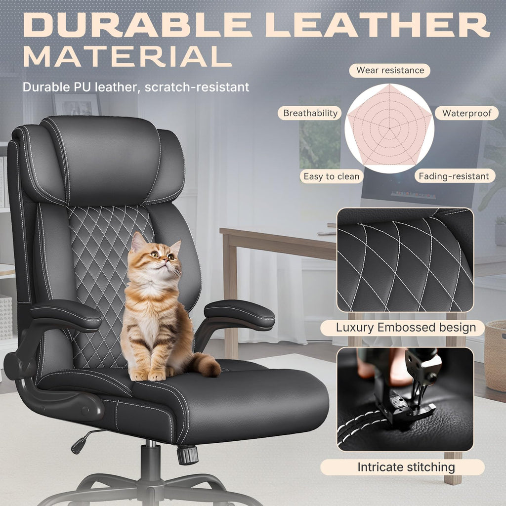 Cyzena Office Chair-executive High Back Breathable Big and Tall Office Chair Flip-up Armrests Lumbar Support-ergonomic Leather Rolling Swivel