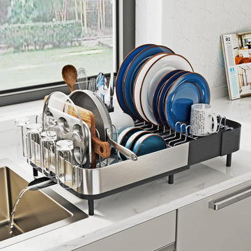 SUNLY Expandable Dish Drying Rack, Versatile Brackets for Pots & Pans, Space Saving Kitchen Drying Rack, Dish Racks for Kitchen Counter, Stainless Steel Dish Drainers with Extendable Spout, Black