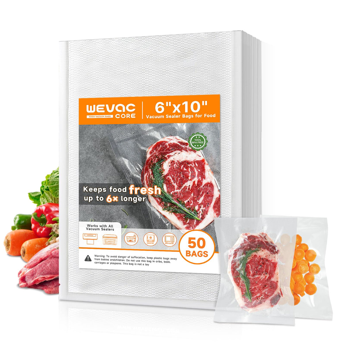 Wevac Vacuum Sealer Bags – 50 Count (6?×10?), Heavy-Duty BPA-Free Food Storage Bags, Puncture-Resistant, Freezer & Sous Vide Safe, Compatible with All Vacuum Sealers