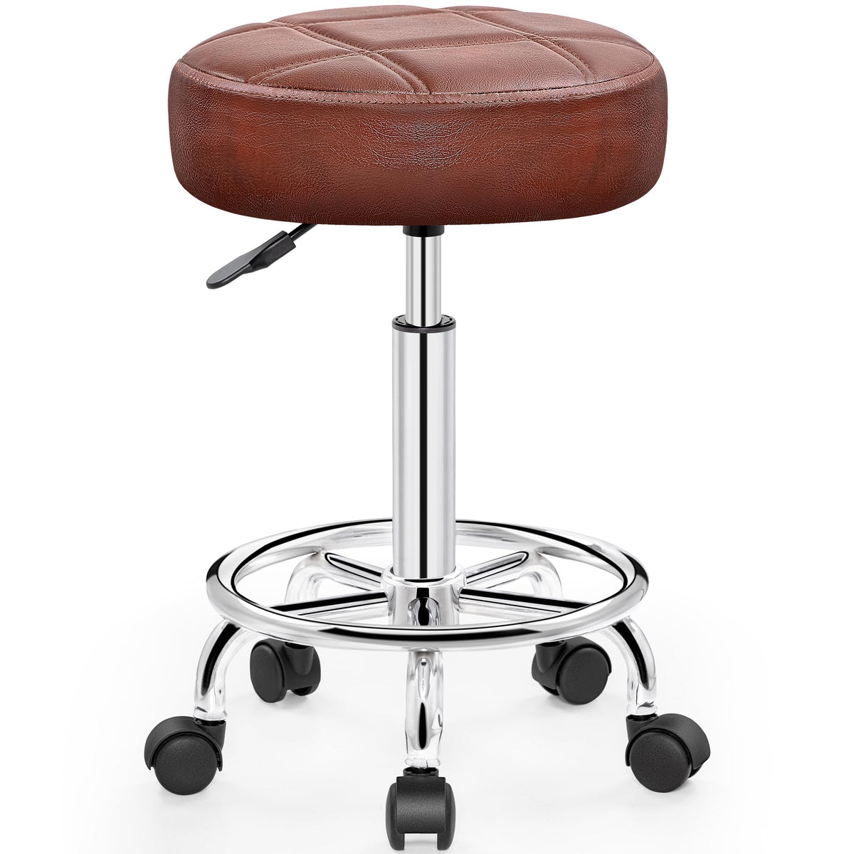 Brick Attic Pu Leather Rolling Stool with Wheels, Adjustable Swivel Stool with Footrest, 360° Rolling Stool for Tattoo, Salon, Massage,