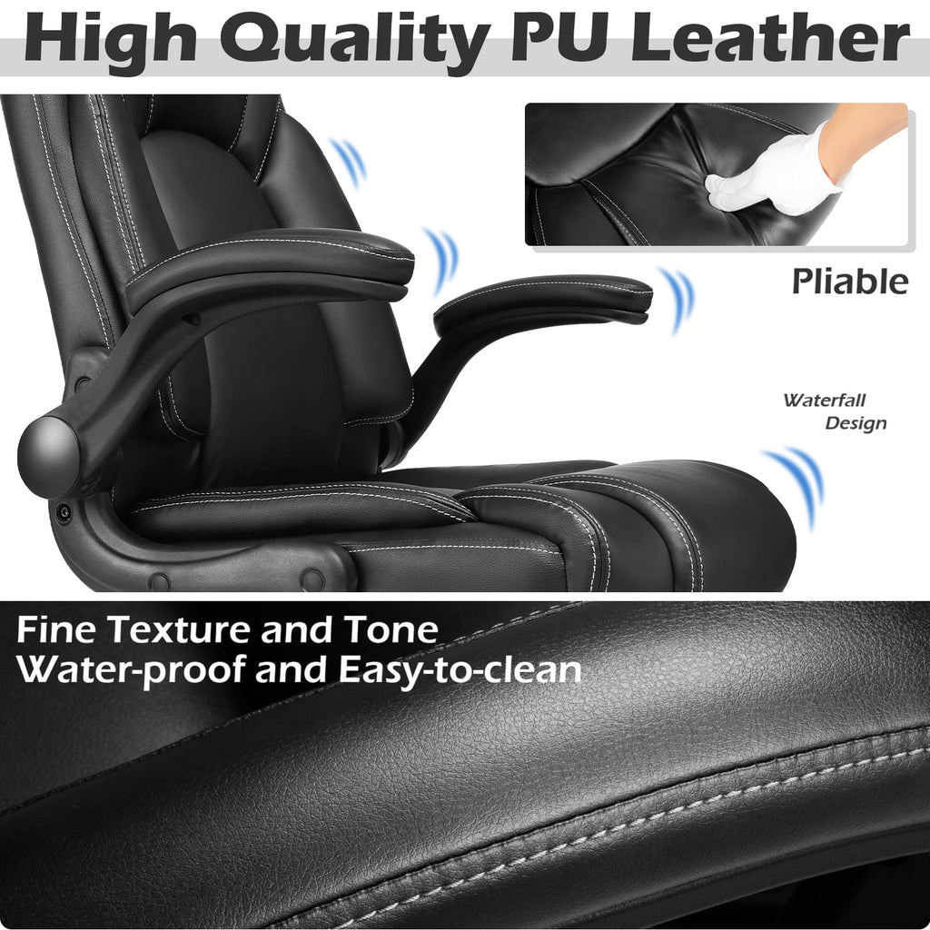 Flip-up Arms Executive Office Chair, 300lbs, Hydrolysis-resistant Leather, Flip Arm Medium, Black