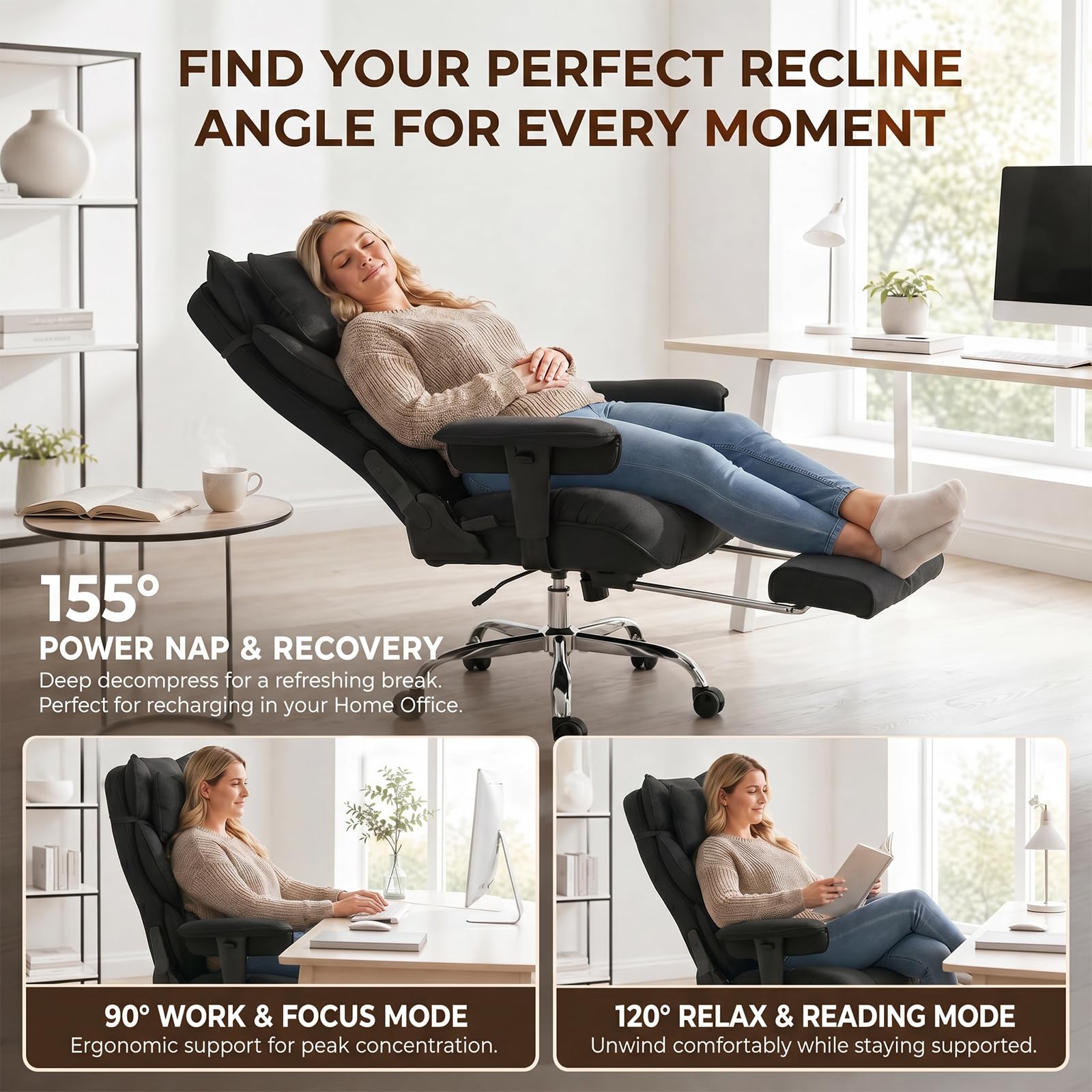 Mokodo Big and Tall Office Chair 400lbs, Breathable Fabric Executive Desk Chair with Pocket Spring Cushion, 155° Reclining Computer Chair with
