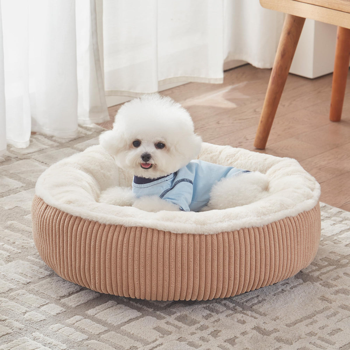 23 inches Donut Dog Bed for Small Dogs - Calming Round Puppy Bed with Removable &Washable Cover, Plush Faux Fur & Corduroy Pet Bed for Cats, Fits Pets up to 15 lbs(Brown,Small)