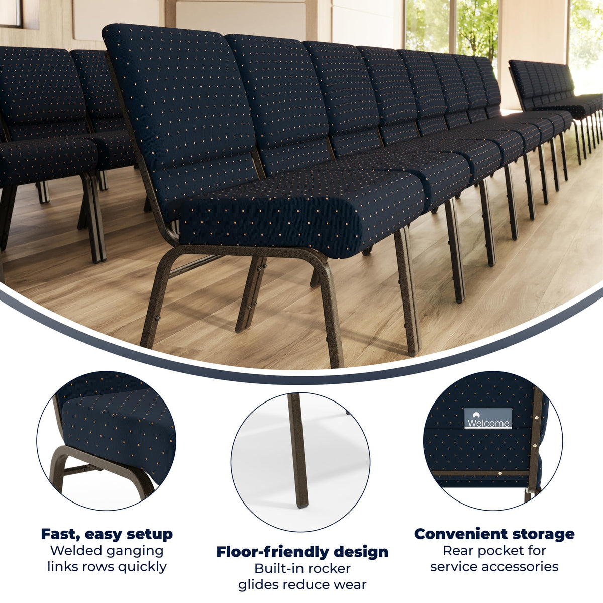 Flash Furniture 4 Pack Hercules Series 21''w Stacking Church Chair in Navy Blue Dot Patterned Fabric - Gold Vein Frame, Set of 4, Navy Blue Dot