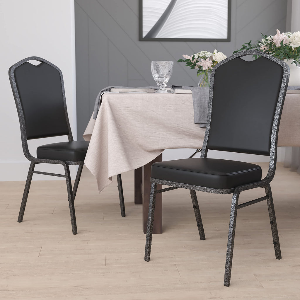 Flash Furniture Hercules Crown Back Stackable Banquet Chair, Silver, 4-pack, Set of 4, Black Vinyl/silver Vein Frame