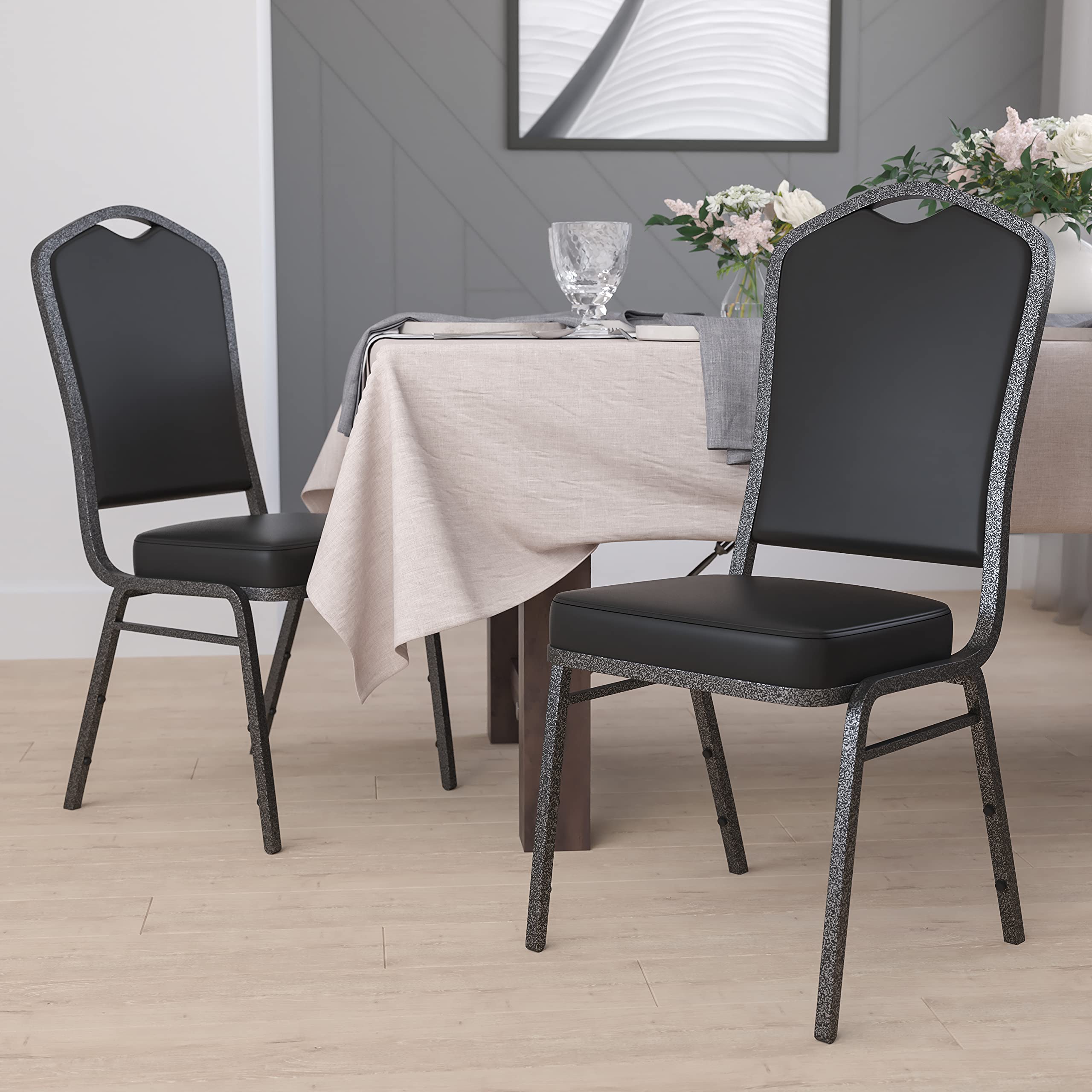 Flash Furniture Hercules Crown Back Stackable Banquet Chair, Silver, 4-pack, Set of 4, Black Vinyl/silver Vein Frame