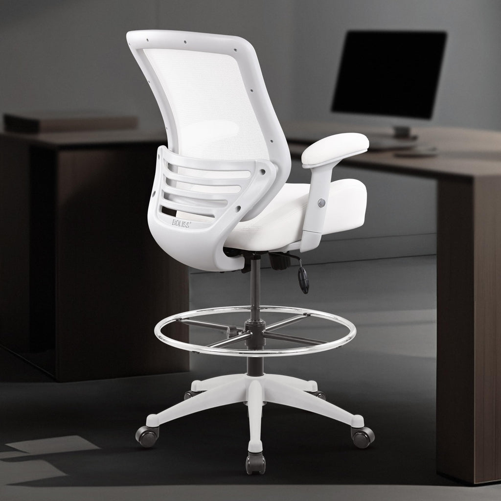 Boliss 400lbs Mesh Ergonomic Office Drafting Chair Big Adjustable Foot Ring Height Adjustable Armrest (wht), 41.7-49.6 inches, White