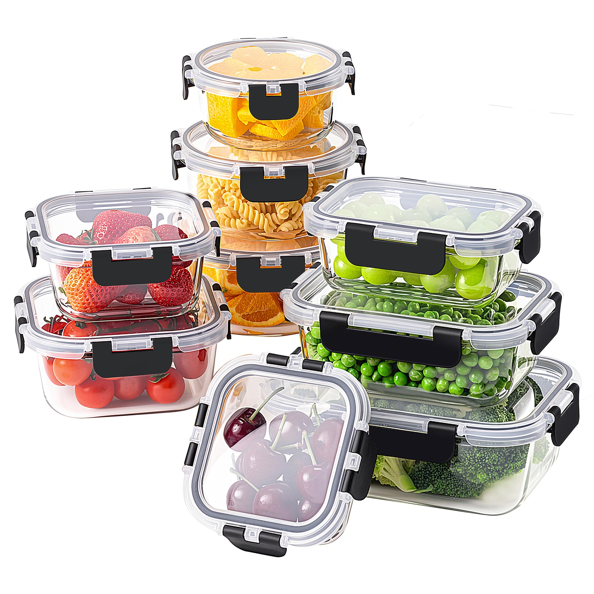 HOMBERKING 18 Piece Glass Food Storage Containers with Lids, Glass Meal Prep Containers, Airtight Lunch Bento Boxes, BPA-Free & Leak Proof, Oven, Freezer and Dishwasher Safe (9 lids & 9 Containers)