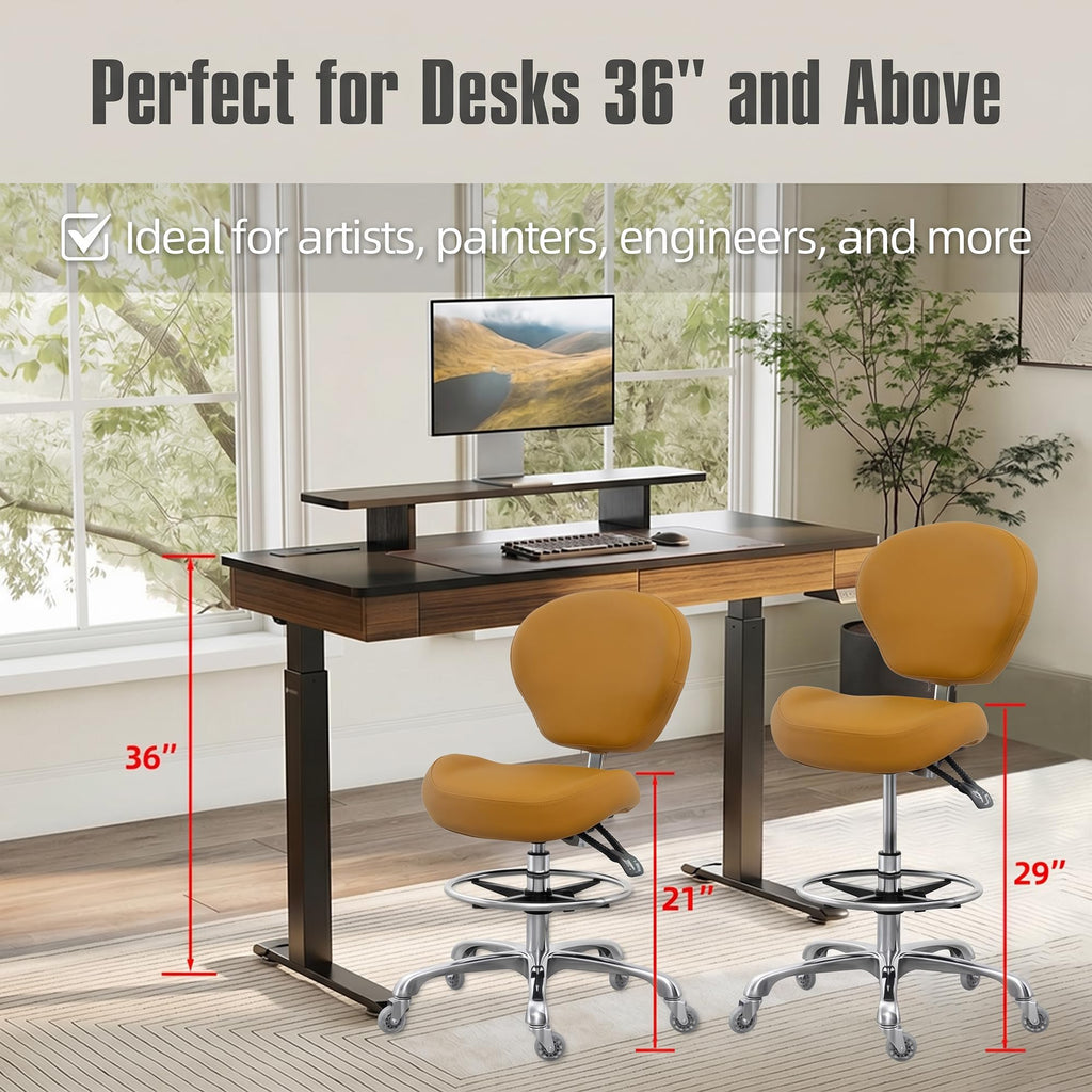 Grace&grace Drafting Stool Adjustable Foot Ring with Wheels, Rolling Stool with Back Support for Studio, Classroom, Lab, Counter, Medical (camel)