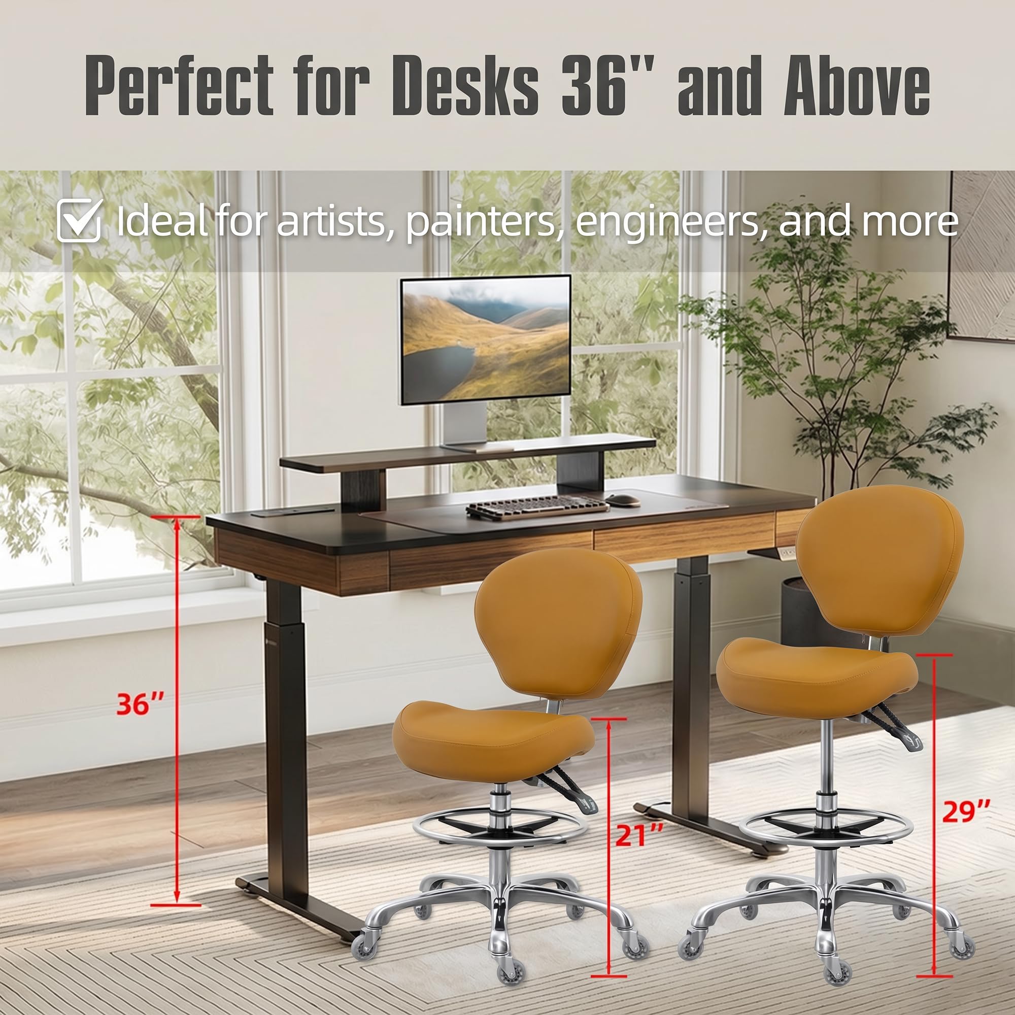 Grace&grace Drafting Stool Adjustable Foot Ring with Wheels, Rolling Stool with Back Support for Studio, Classroom, Lab, Counter, Medical (camel)