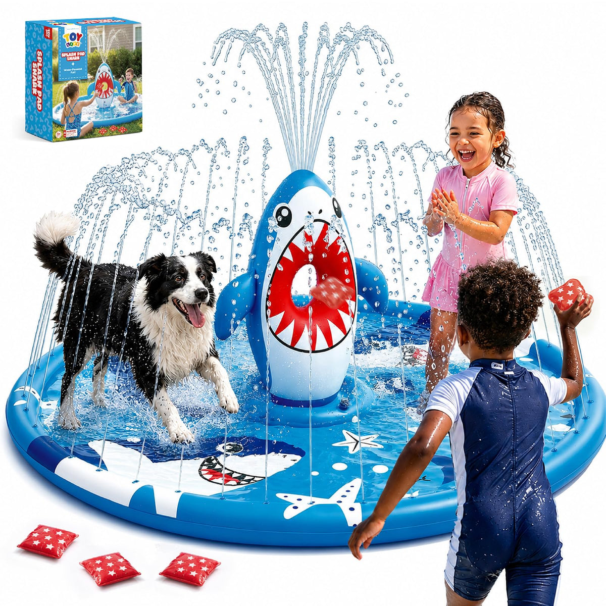 TOY Life Shark Splash Pad for Kids and Dogs - Extra Large 70 Inch Outdoor Sprinkler Pool for Toddlers Ages 1-3, Heavy Duty Non Slip Water Play Mat for Backyard Summer Fun