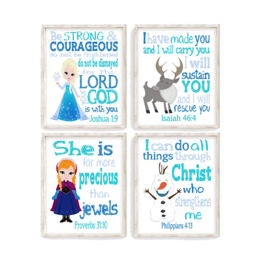 Pixie Paper Frozen Christian Nursery Decor Set of 4 Unframed Prints Princess Elsa Anna Sven and Olaf with Bible Verses