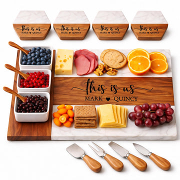 Personalized Charcuterie Board Set - Custom Engraved Wooden Marble Cheese Board with Knife Set - Best Wedding Gift for Couples, Bridal Shower, Engagement, Anniversary, Housewarming & Gift for Parents