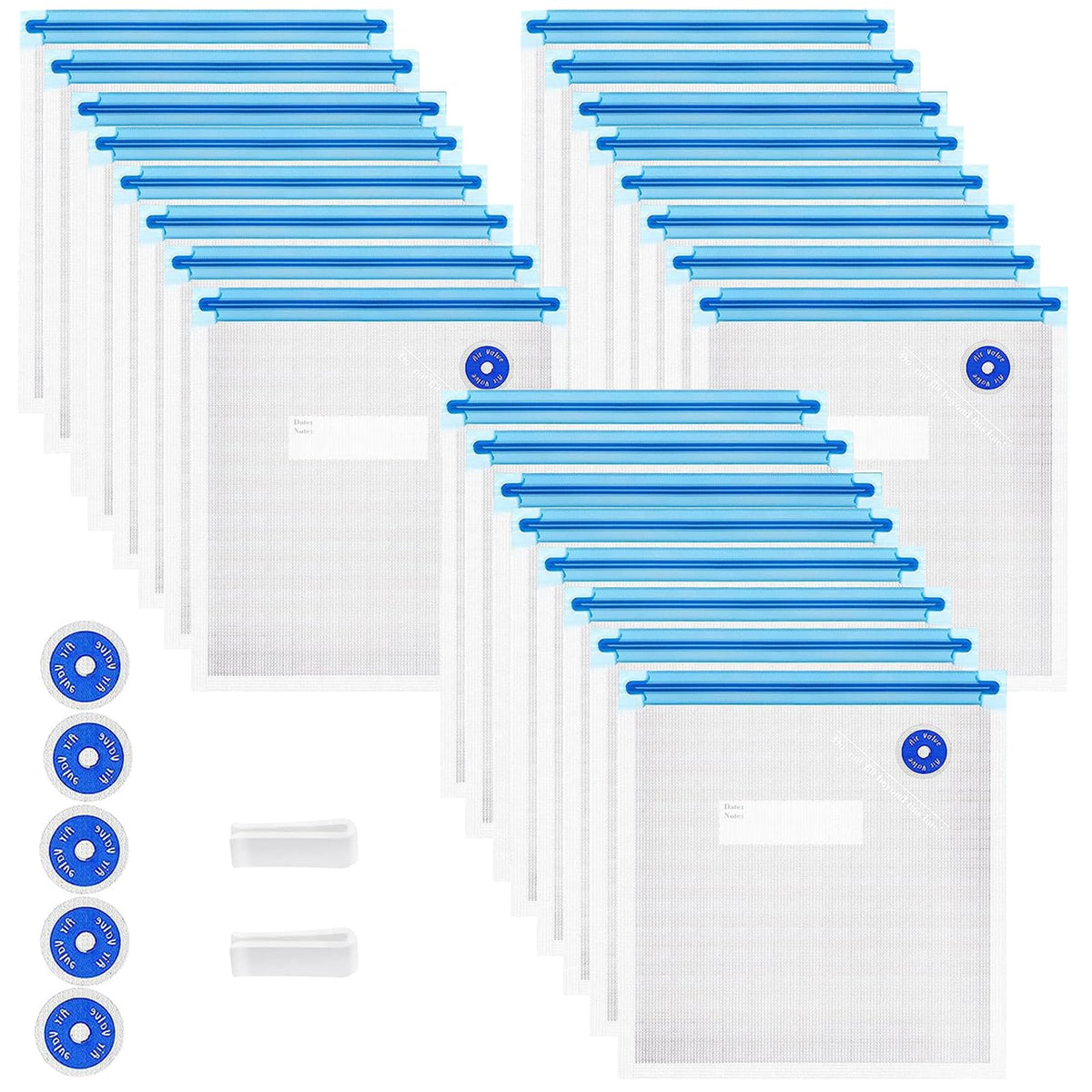 Higfra Reusable BPA Free Vacuum Sealer Bags (8.5 * 8.5in), 31 Pcs (24 Pcs Vacuum Zipper Bag & 2 Seal Clips & 5 Air Valves), Plastic, Clear, Double Zipper Seal, Microwaveable, Food Storage, Cooking