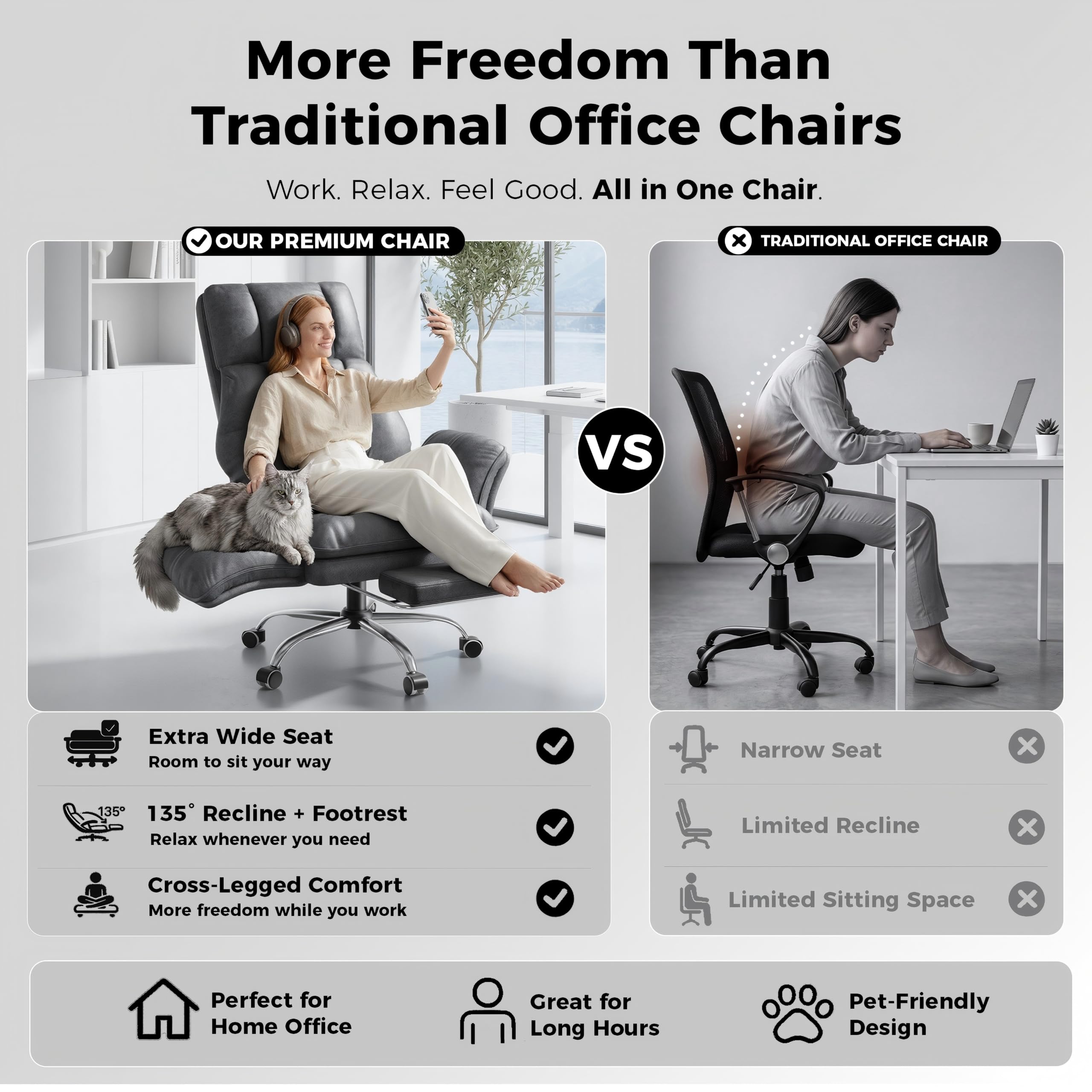Big and Tall Office Chair, Flip Armrests for Pets & Cross Legged Sitting, 3.67 ft x 2.23 ft x 4.03 ft, Grey