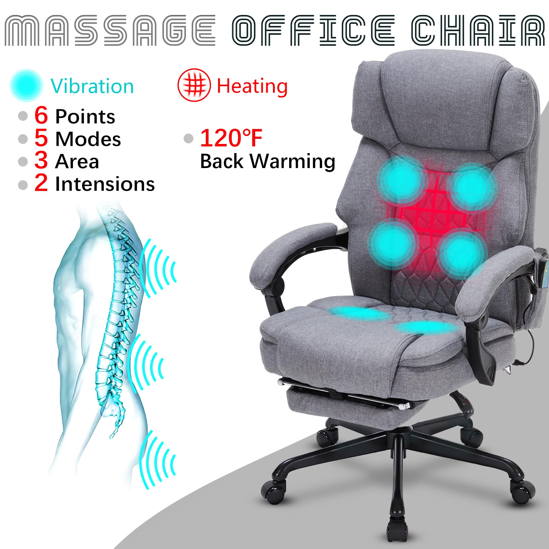 Massage Office Chair with Foot Rest 6 Points Vibration and Heat Home Office Desk Chairs for Heavy People 400lbs Reclining Managerial Chairs