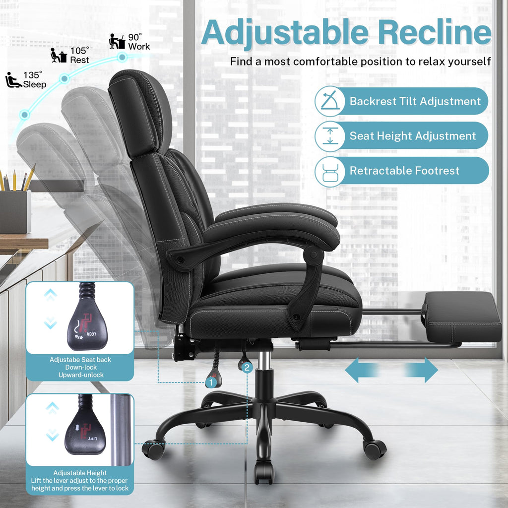 Executive Leather Office Chair, Big and Tall Office Chair with Footrest Home Office Desk Chairs, Ergonomic Computer Desk Chair with Lumbar