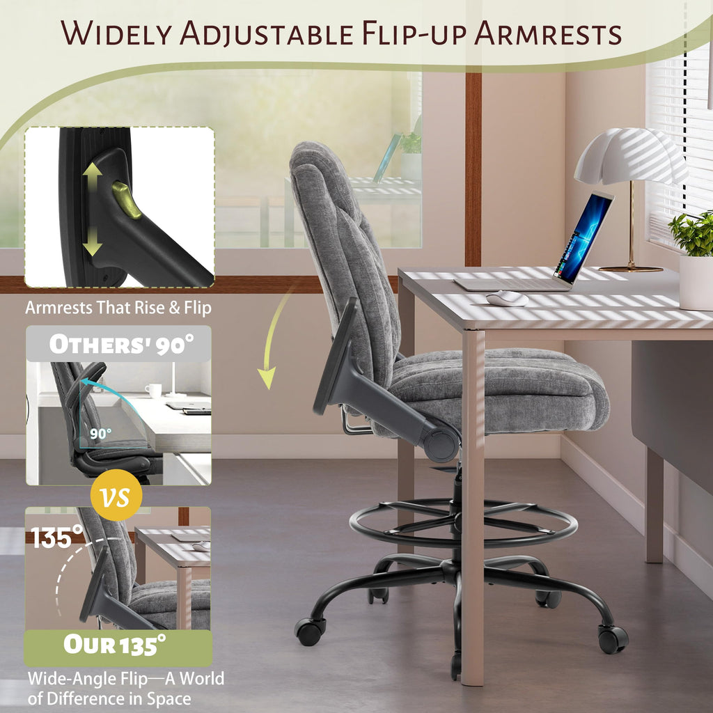 Drafting Chair,executive Tall Office Chair Flip-up Armrests for Counter Height Desk Drawing Use,high Task Chair with Adjustable Foot Ring