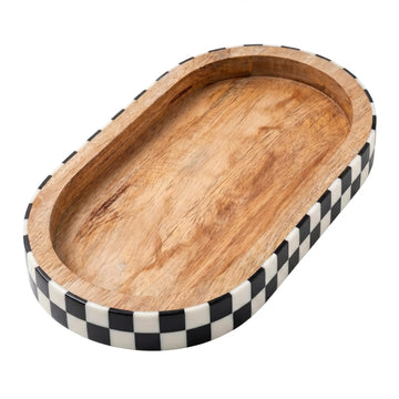 Haidar Ali Impex Handmade Resin Inlay Decorative Tray - Mango Wood Oval Vanity Organizer - Black and White Checkered Catchall Tray for Bathroom, Coffee Table & Boho Decor (11 x 6 Inch)