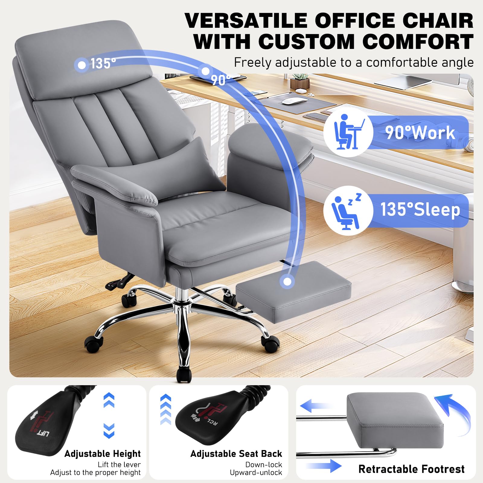 Furnistyle Comfortable Home Office Chair with Footrest 400lbs, Premium Pu Leather Office Chair with High Back Adjustable Lumbar Support