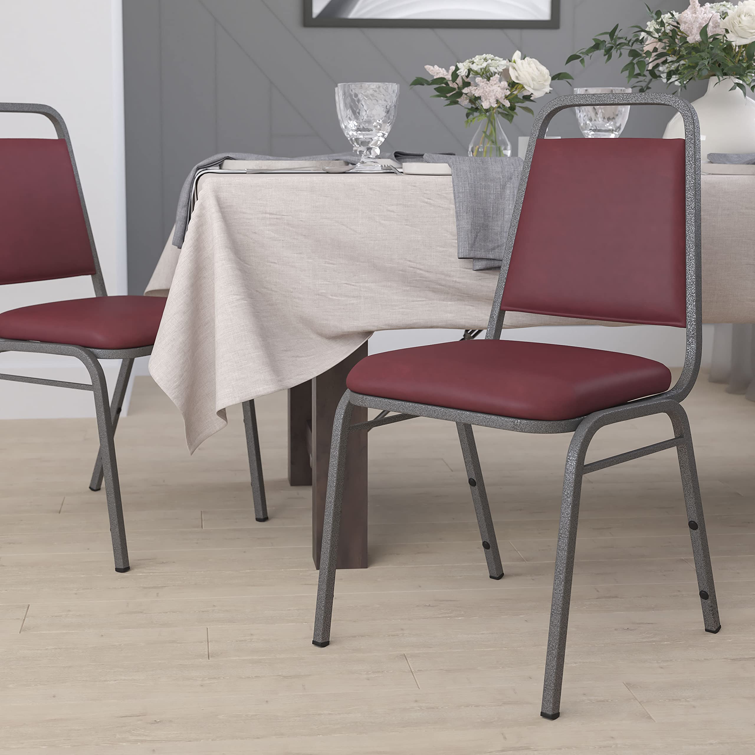 Flash Furniture Hercules Trapezoidal Back Stackable Banquet Chair, Burgundy, Set of 1, Burgundy Vinyl/silver Vein Frame