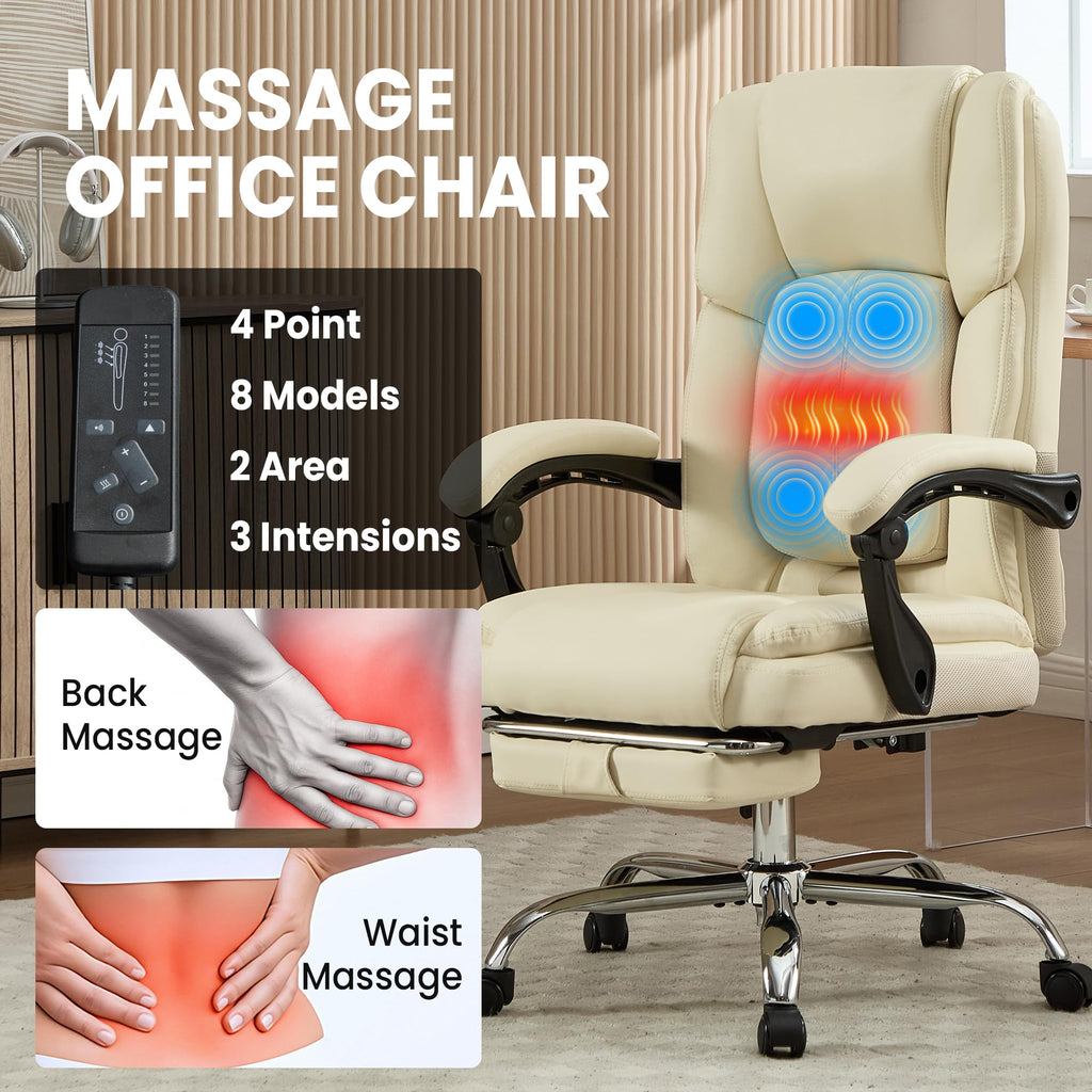 4 Points Massage Office Chair with Footrest 500lbs,reclining Executive Desk Chair with Vibration Heat for Heavy People,lumbar Support Pu