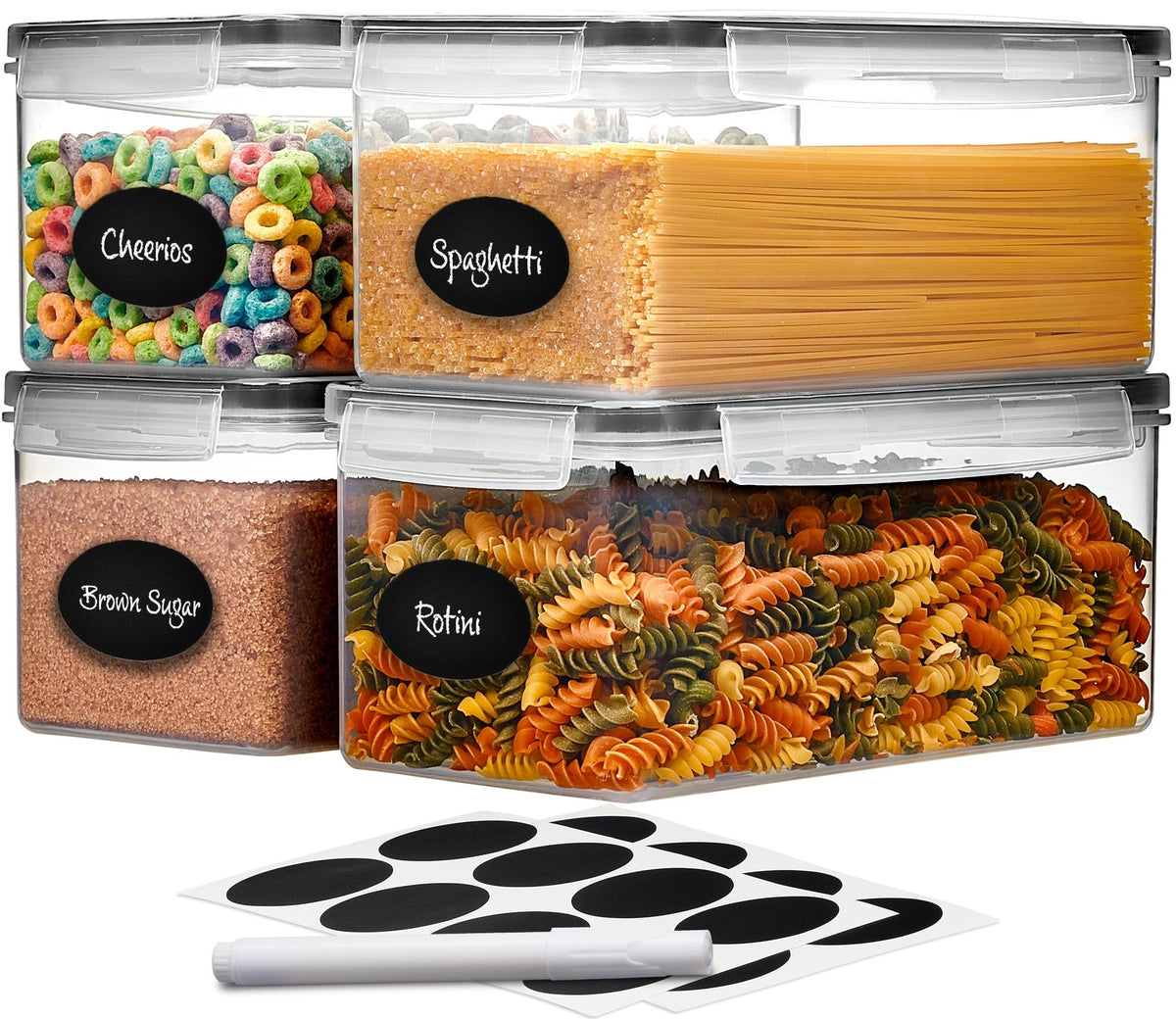 Large Airtight Food Storage Containers with Lids Set of 4 3.2L - 102 fl. oz Pasta storage Containers, BPA Free Plastic Spaghetti container - Air Tight Canisters for Kitchen Pantry Organization