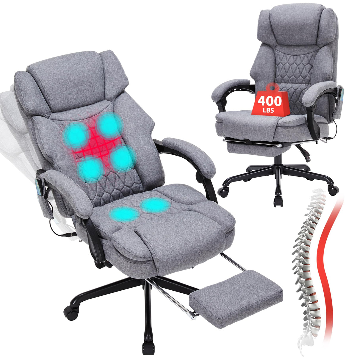 Massage Office Chair with Foot Rest 6 Points Vibration and Heat Home Office Desk Chairs for Heavy People 400lbs Reclining Managerial Chairs