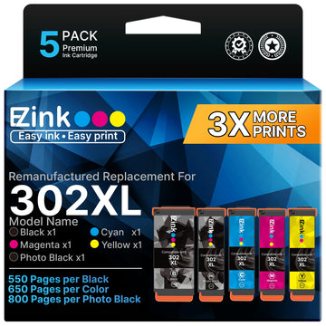 E-Z Ink Remanufactured Ink Cartridge Replacement for Epson 302XL Ink Cartridges Multipack Pack for 302 Ink Cartridge for Expression Premium XP-6000 XP-6100 Printer (BK/PGBK/C/M/Y, 5 Pack)