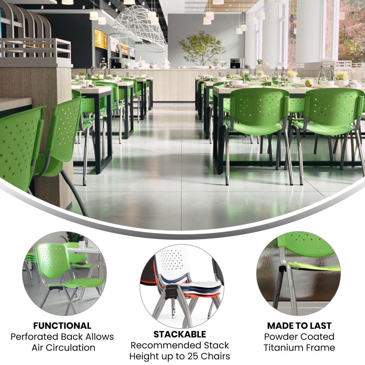 Emma + Oliver Home and Office Green Plastic Stack Chair with Perforated, 20.75"W x 24.5"D x 28.5"H