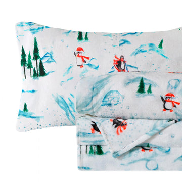 Elegant Comfort Holiday Velvet Sheet Set, Twin XL, Skiing Penguins