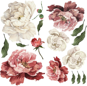 Murwall Red White Peony Wall Decal for Floral Wall Decals Vintage Bouqet Removable Peel n Stick Peonies Flower Wall Stickers Livingroom Bedroom