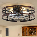 ZYD 20" Caged Ceiling Fan with Light, Farmhouse Cieling Fan with Quiet DC Motor, Rustic Metal Cage with Wood Grain Accent, Ideal for Bedroom, Living Room, Kitchen, Dining Room, Cafés, Restaurants