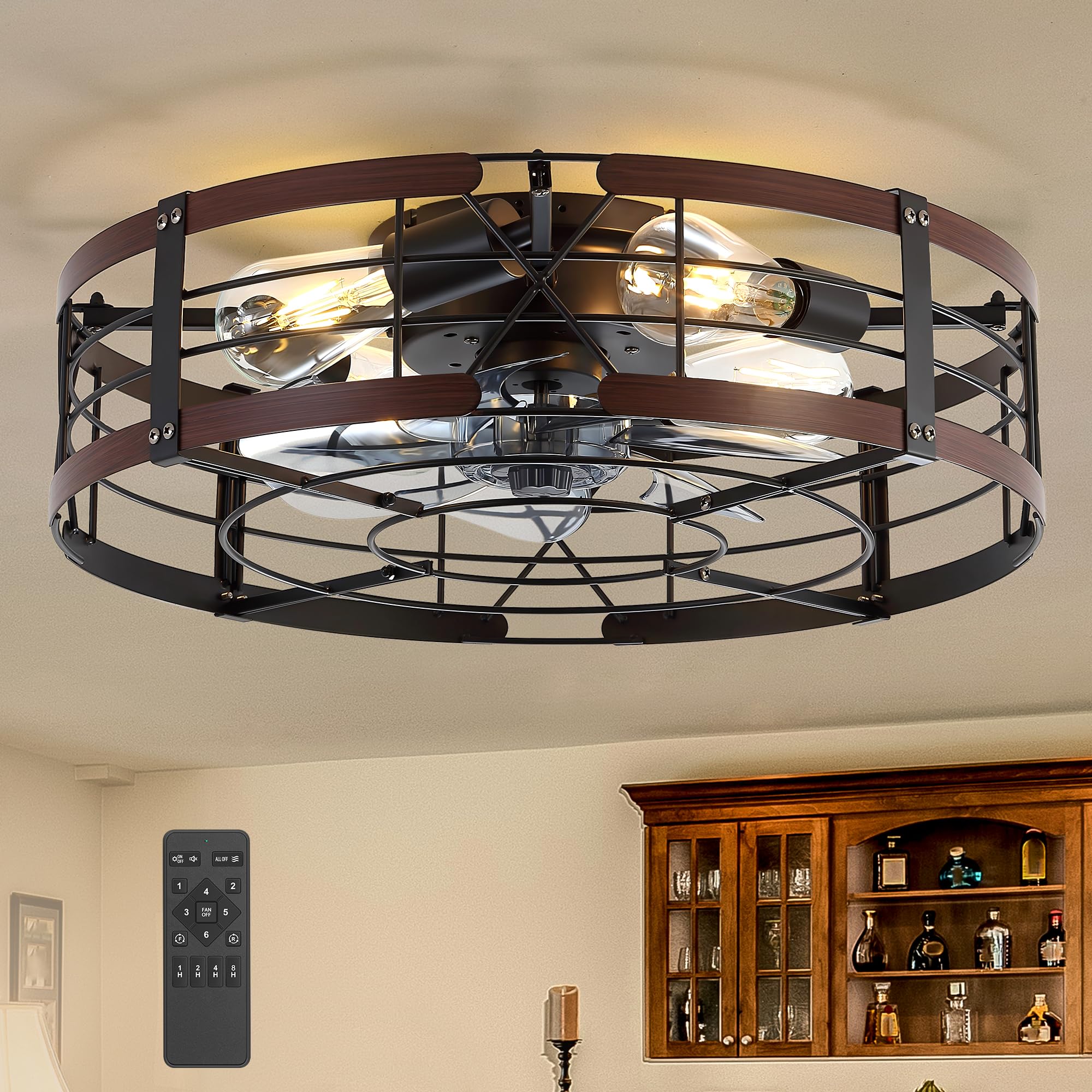 ZYD 20" Caged Ceiling Fan with Light, Farmhouse Cieling Fan with Quiet DC Motor, Rustic Metal Cage with Wood Grain Accent, Ideal for Bedroom, Living Room, Kitchen, Dining Room, Cafés, Restaurants