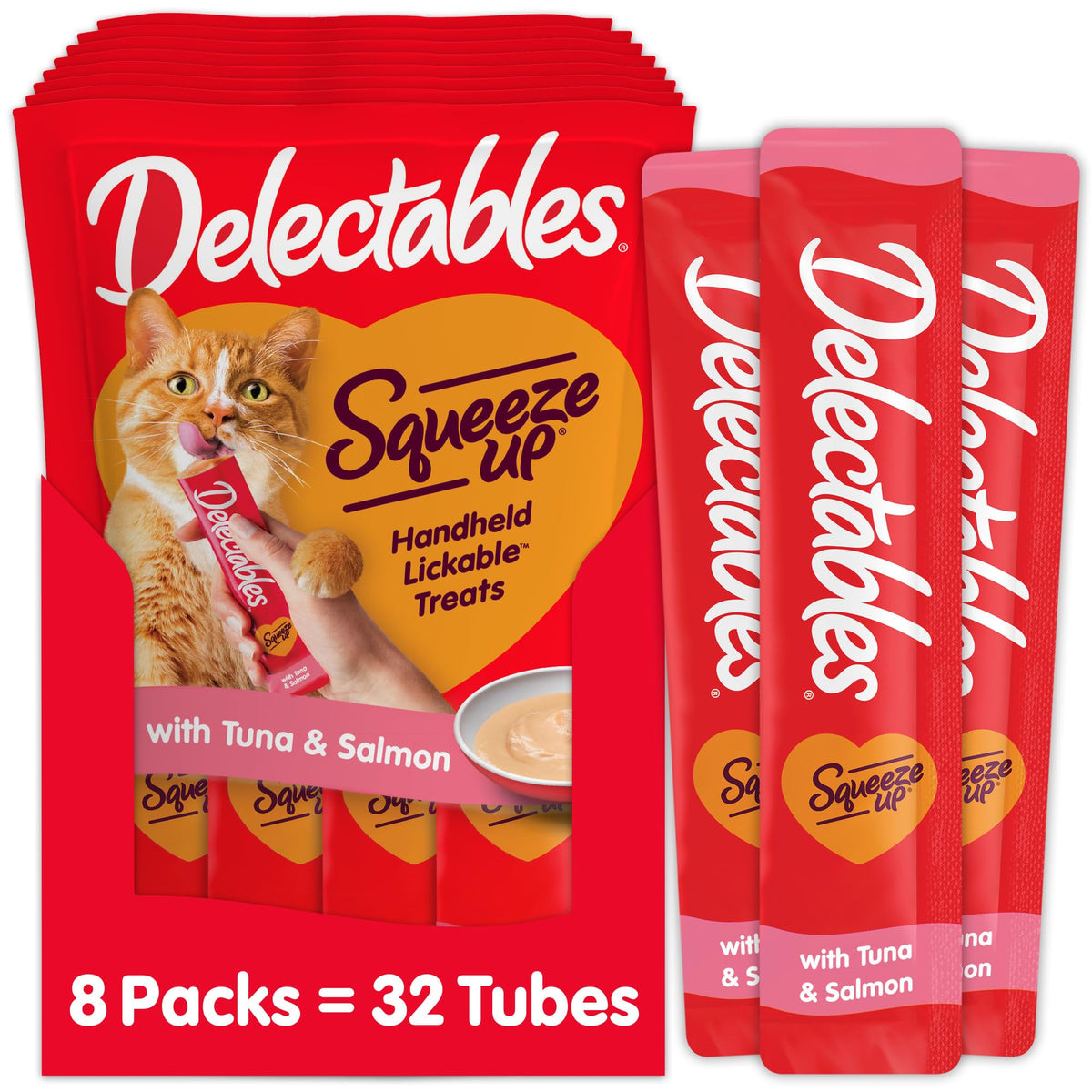 Delectables Squeeze Up Creamy Squeezable Puree, Lickable Wet Cat Treats, Grain Free, No Added Fillers, No By-Products, No Added Preservatives, 0.5 Ounces Tuna & Salmon, 32 Tubes Total