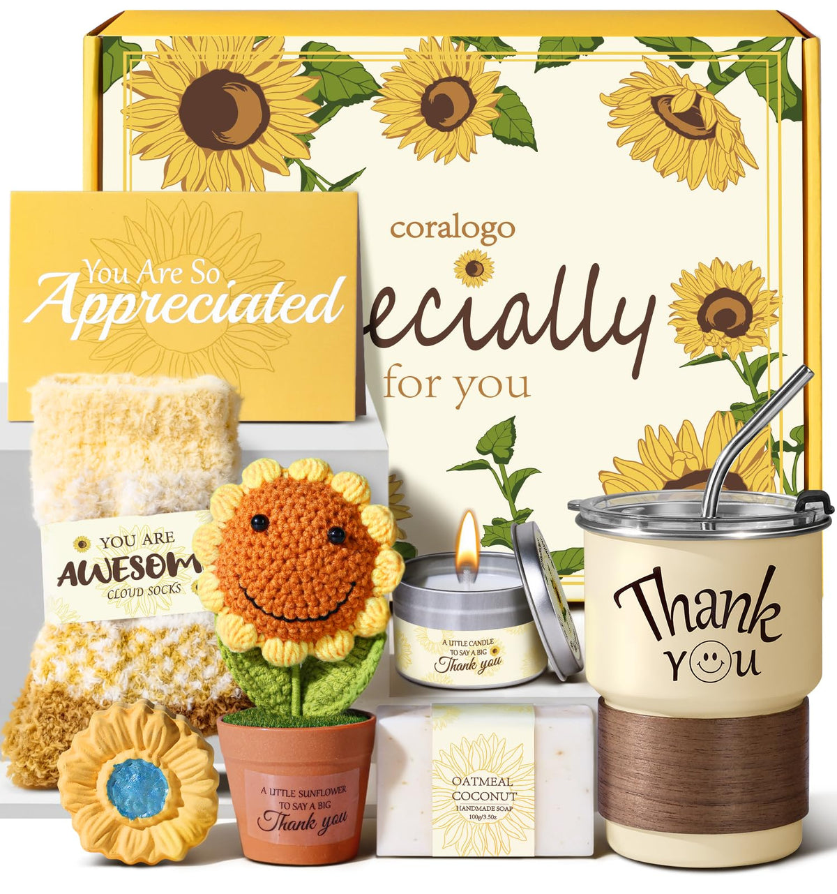 Thank You Gift Basket for Women - 7pcs Teacher Appreciation Gifts, Thank You Gift Baskets for Teacher, Nurse, Employee, Coworker, Social Worker, Secretary with Crochet Sunflower