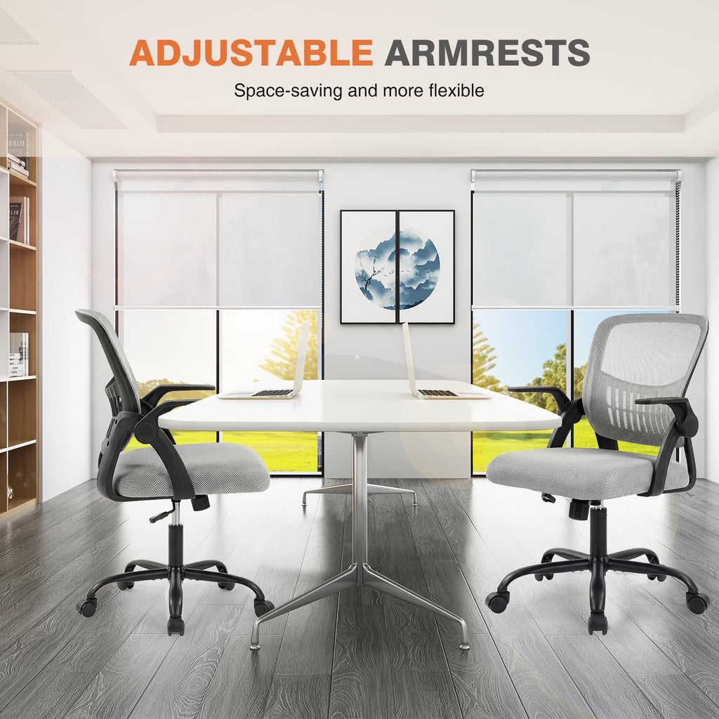 Sweetcrispy Home Office Managerial Executive Chair, Flip Up Armrest Ergonomic Mesh Adjustable Swivel Mid-back Computer Desk Chair with