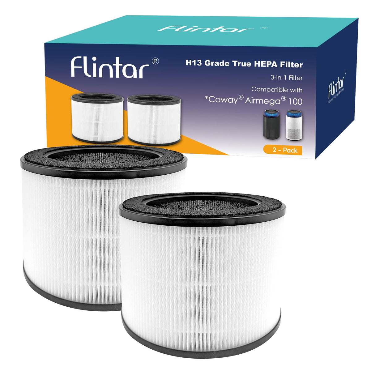 Replacement HEPA Filter, Compatible with Coway Airmega 100 Air Purifier, 3-in-1 Pre-filter, H13 True HEPA and Deodorization Filter Set (2- Pack)