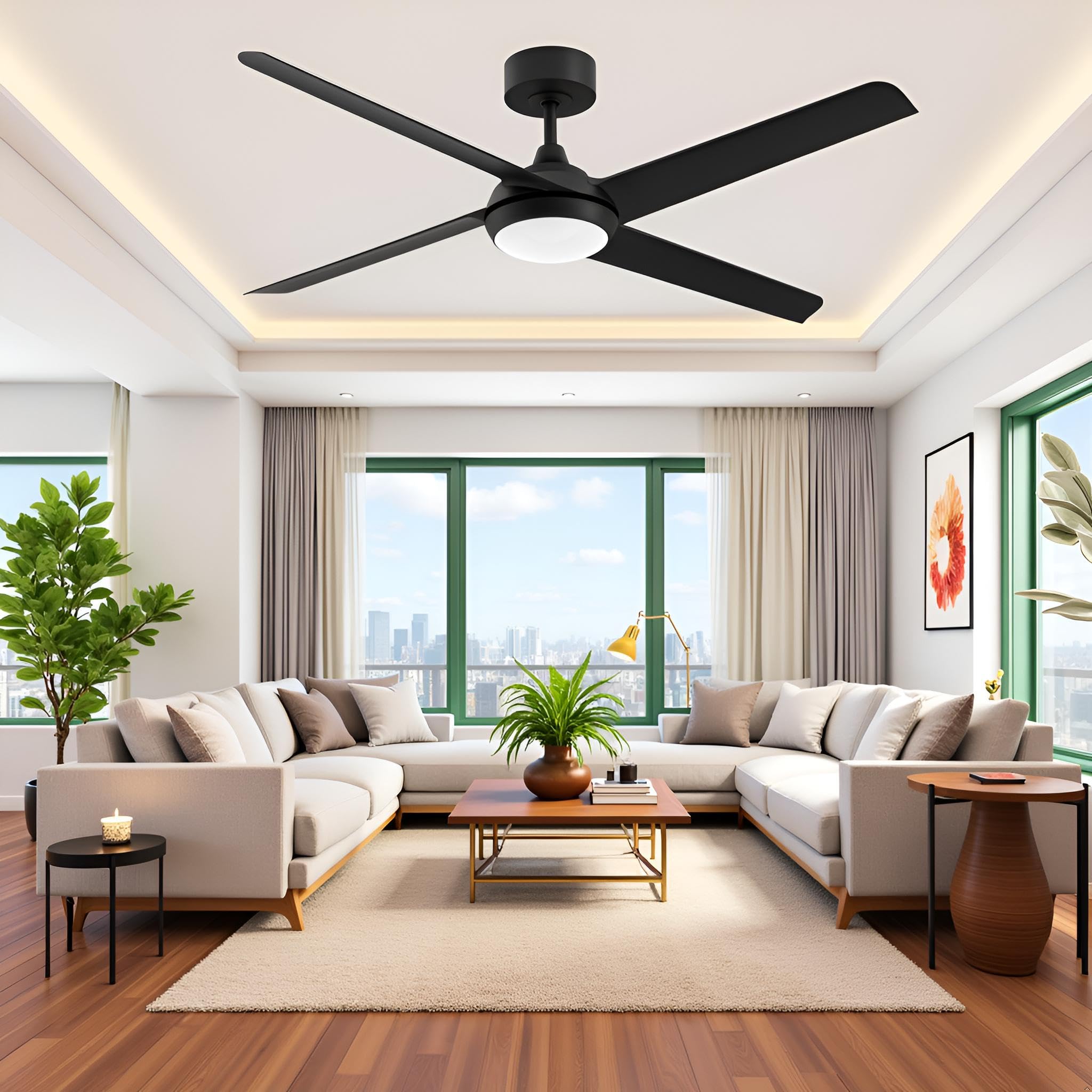 Ceiling Fan with Light and Remote - 52 Inch Modern Black Ceiling Fan Reversible 4 Blades Fan with Dimmable LED Light for Living Room Outdoor(Black)