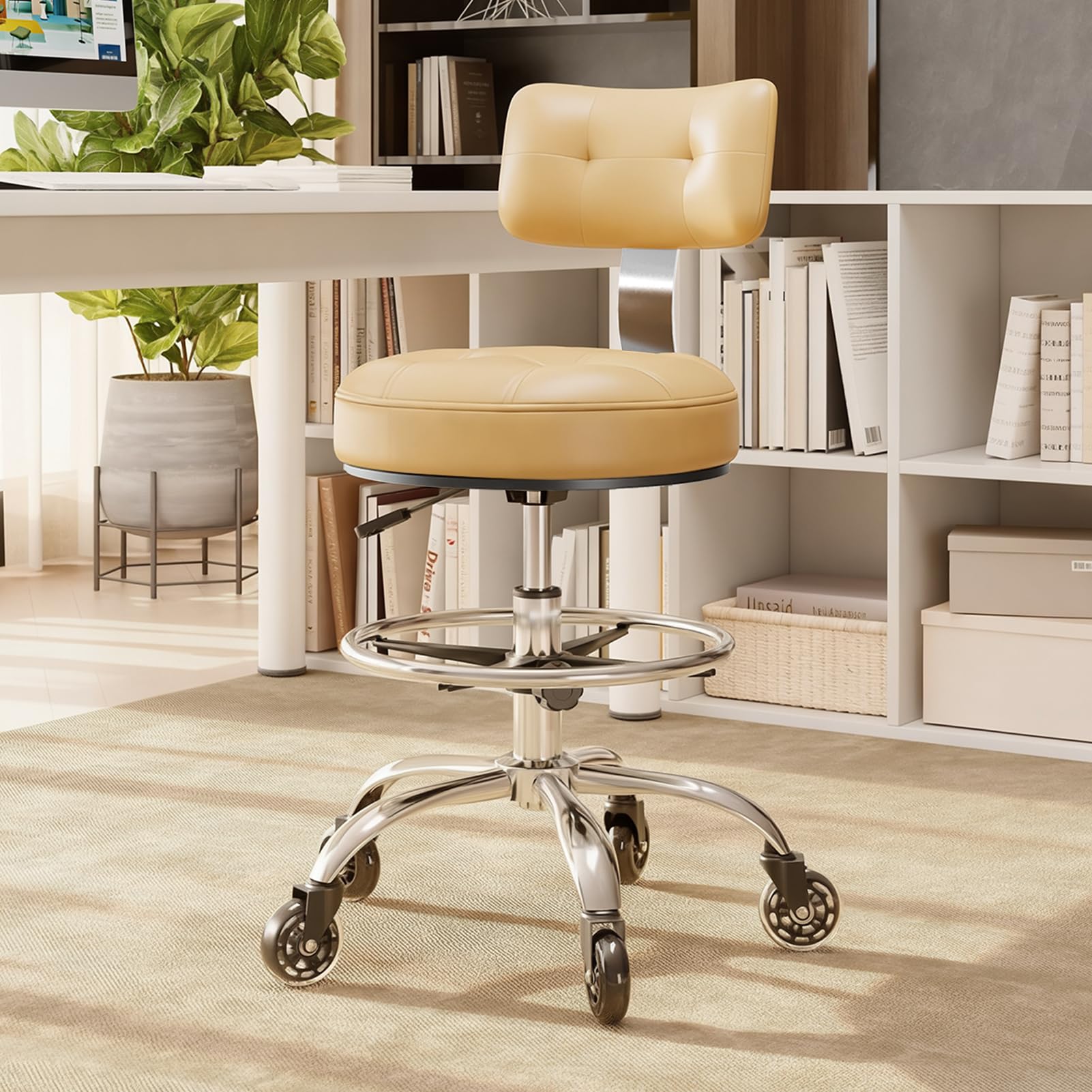 Freekyrock Office Drafting Chair with Footrest, Tall Height Adjustable Stool with Back Support, Heavy Duty Rolling Stool Chair with Wheels for