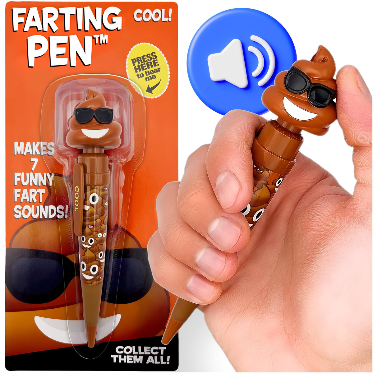 Farting Poop Pen with 7 Funny Fart Sounds - Silly Novelty Gag Gift for Boys & Girls Ages 8-12, Funny Gifts for Kids & Teens, Great Birthday Gift Ideas, Poop Pen That Actually Farts (Sunglasses)