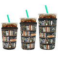 YR Reusable Neoprene Insulator Sleeve for Iced Coffee Cups, 3 Pack Coffee Coolies sleeves for Iced & Hot Drinks, Cold Beverage Cooler Compatible with Starbucks Coffee and More (Bookshelf & Flower)