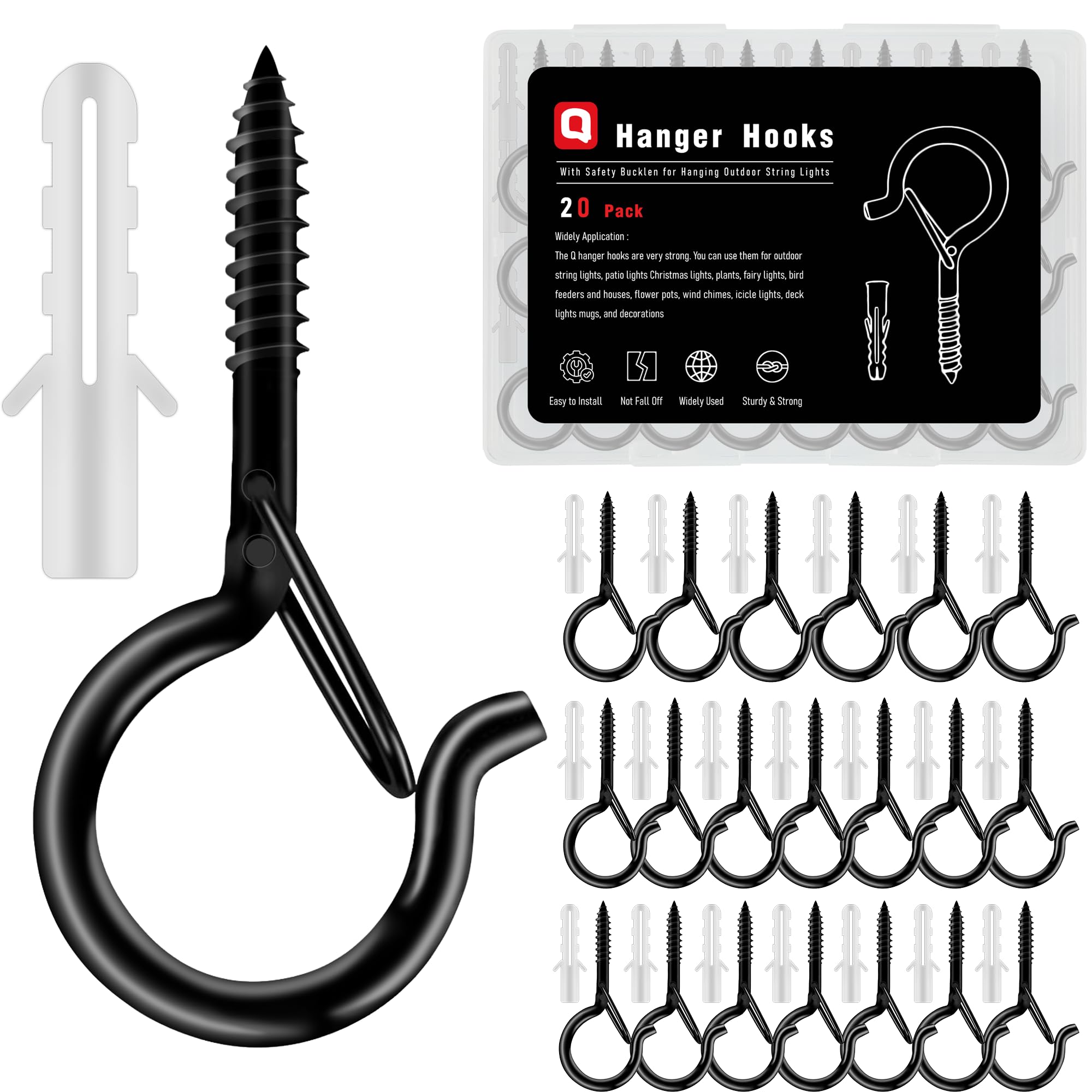 Black Screw Hooks with Safety Lock - 2.3" Rustproof Metal Ceiling Hooks for Hanging Plants, Baskets,String Lights & Outdoor Decor, 40LB Capacity (20 Pack,Includes Storage Case & Plastic Caps)